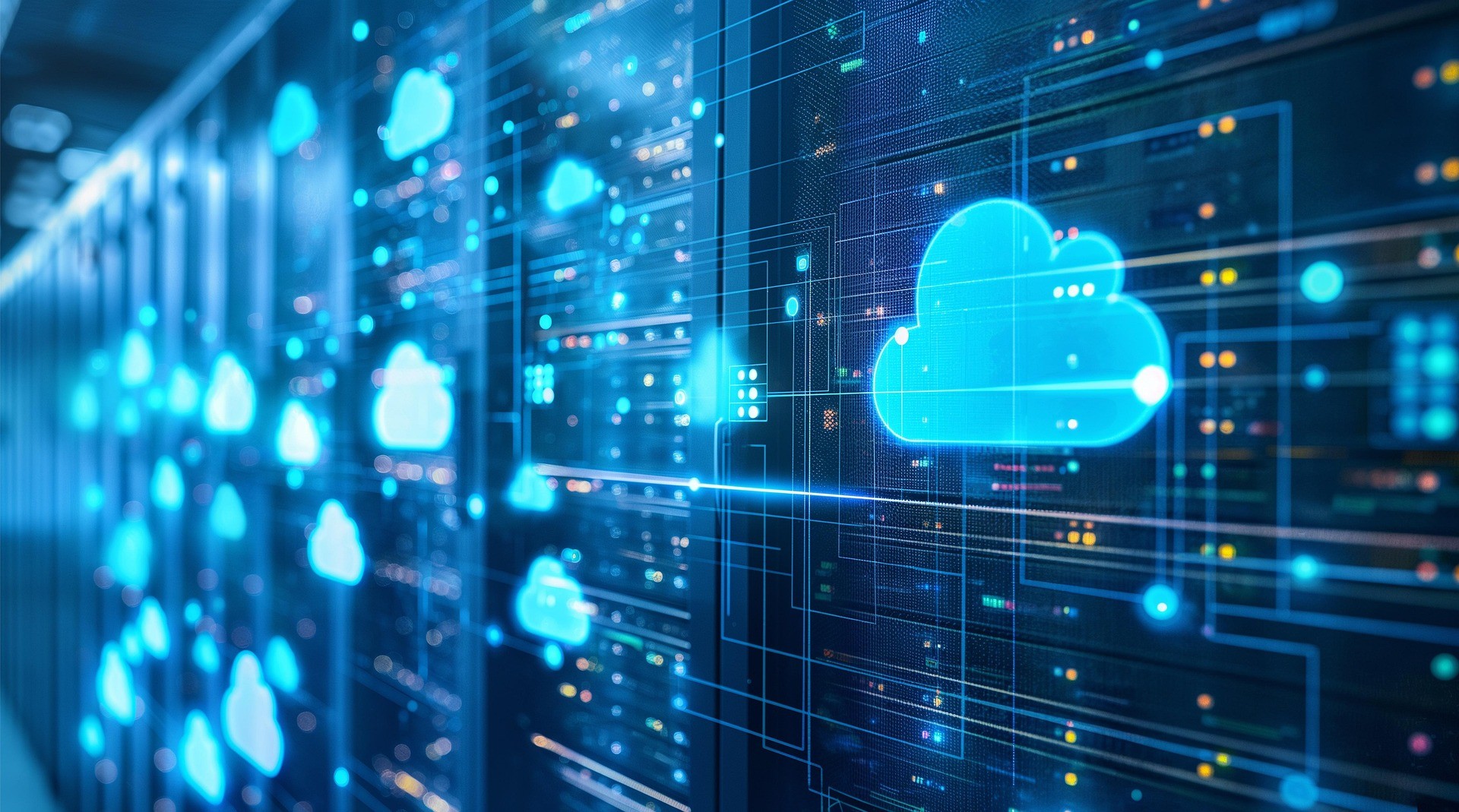 A high-tech server room with rows of data stacks. Glowing blue neon cloud icons are superimposed over the servers, connected by digital lines to represent cloud storage and networking.