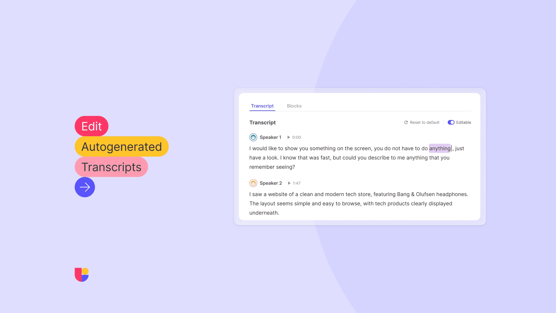 Image is showing how editing transcripts work in Useberry UI with an example.