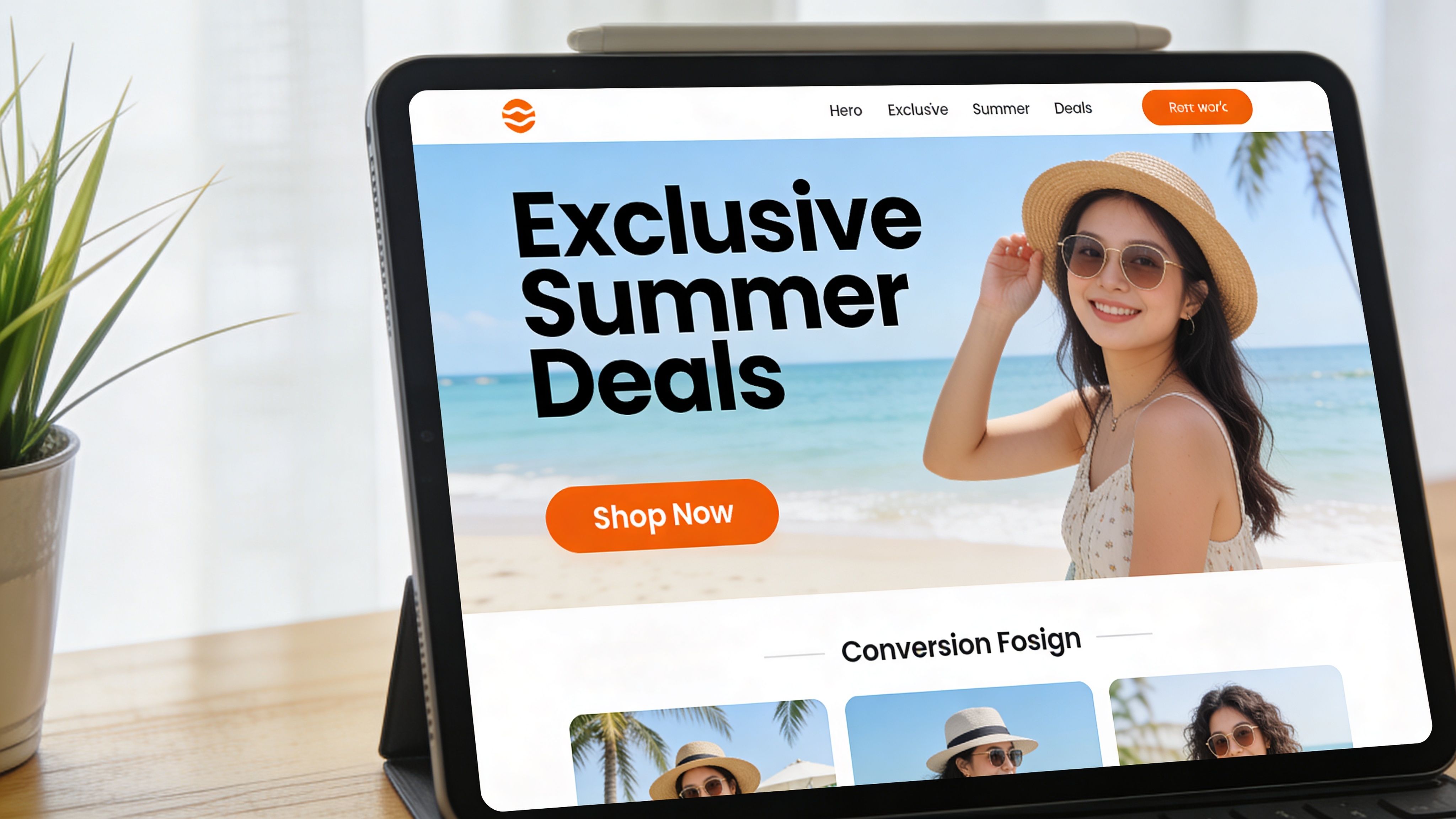 A digital tablet displaying an exclusive summer deals landing page designed with a shopify landing page builder.