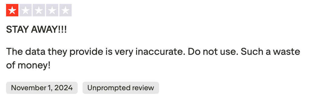 One-star Trustpilot review saying the data is very inaccurate and a waste of money