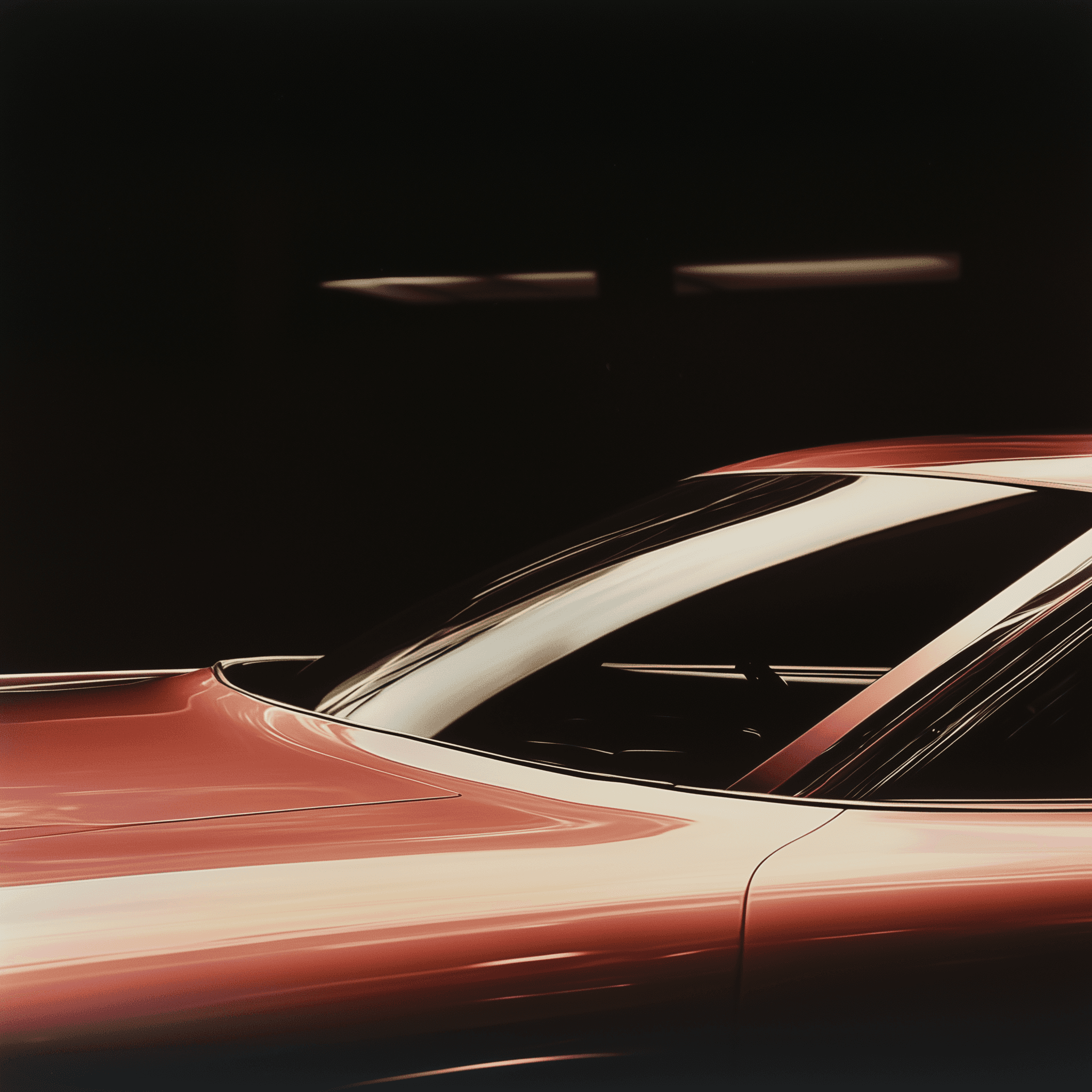 an image of an automobile, showing the front windshield and the back, in the style of ethereal abstractions, tonalist genius, sleek lines, shot on 70mm, light pink and dark bronze, close-up intensity, fine lines, delicate curves