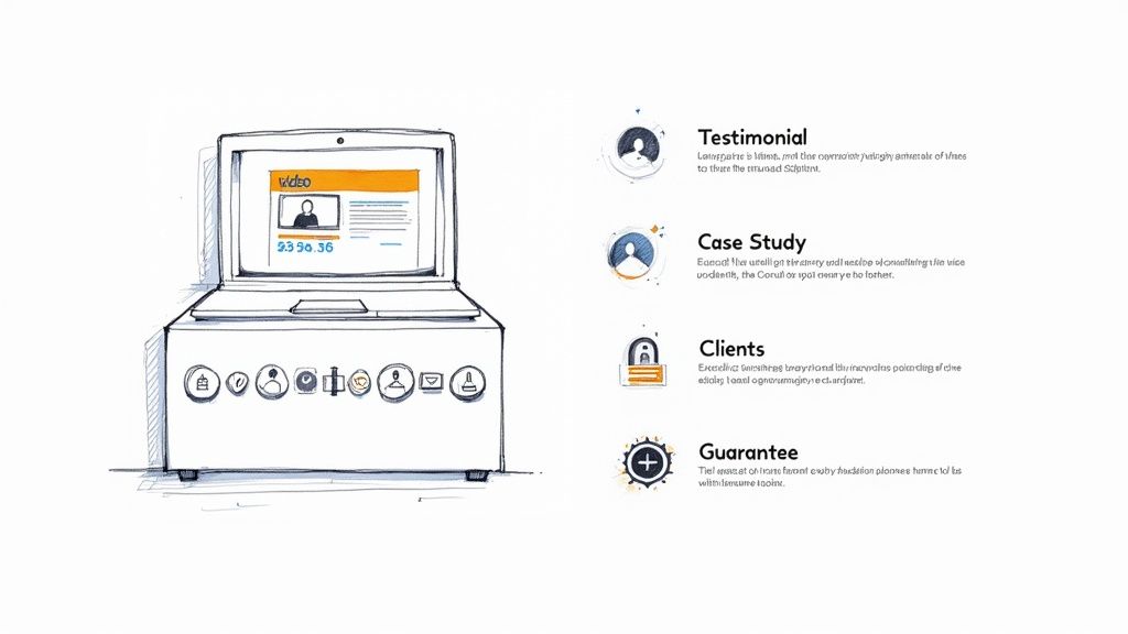Hand-drawn laptop illustration displaying video content, alongside a list of sales page features: Testimonial, Case Study, Clients, Guarantee.