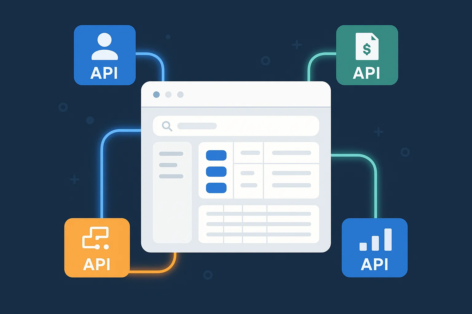 Enterprise UI dashboard integrating multiple APIs including user data, finance, workflow, and analytics through connected service endpoints.