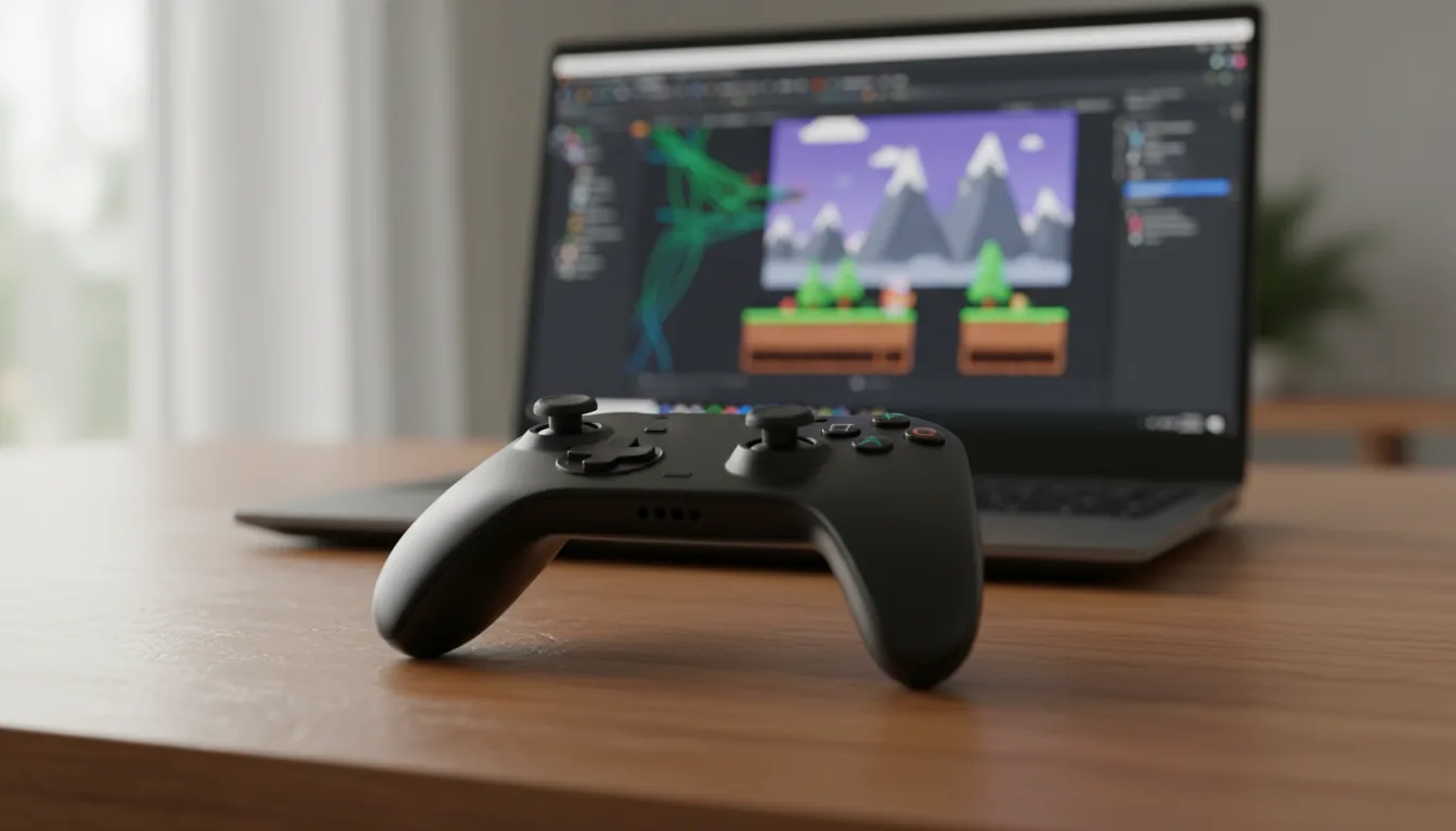 DSLR photograph of a black video game controller in sharp focus, resting on a warm wooden desk from a low-angle perspective. The scene has an extremely shallow depth of field, with an open laptop in the heavily blurred bokeh background displaying the Unity game engine interface with a colorful 2D game scene and abstracted code lines. The lighting is soft natural daylight, creating a calm, focused atmosphere.