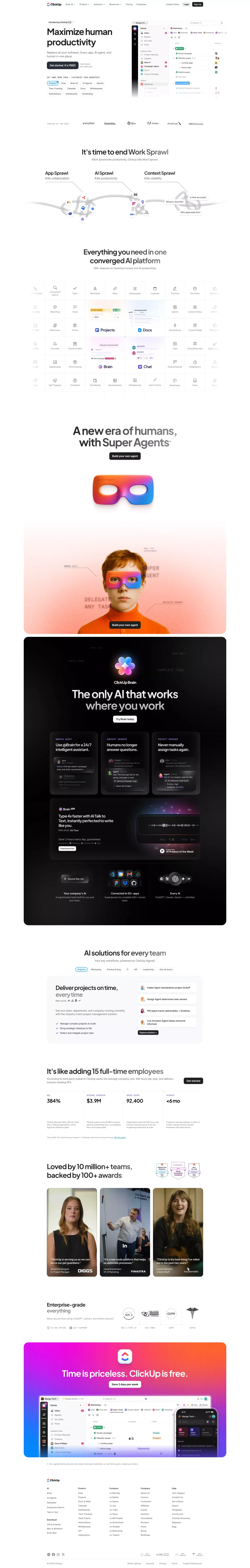ClickUp™ landing page screenshot showcasing AI and Tech design
