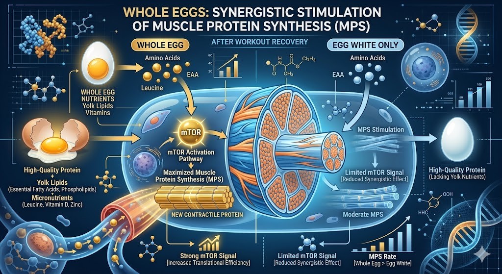 An infographic comparing the muscle protein synthesis process of whole eggs versus egg whites, detailing nutrient intake and mTOR pathway activation.
