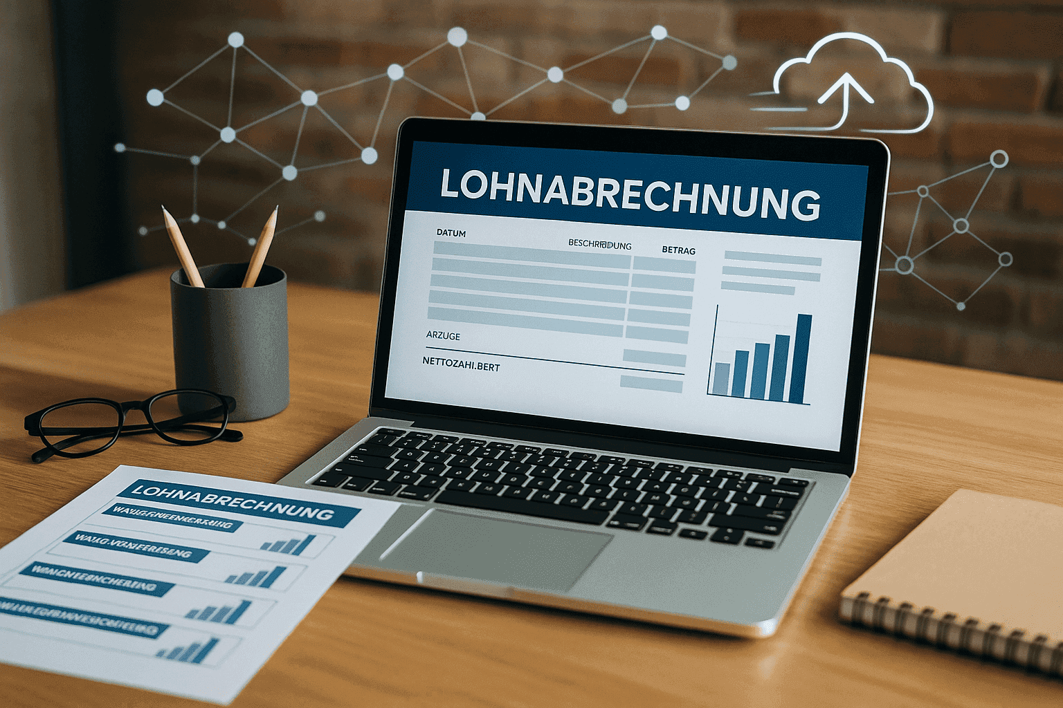 Laptop mit digitaler Lohnabrechnung, Dokumenten und Brille auf einem modernen Arbeitsplatz – Symbol für die Reform der Vorsorgepauschale 2026 und digitale Payroll-Prozesse.