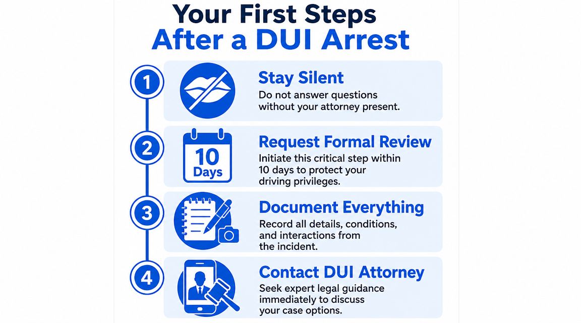 A four-step infographic providing essential legal advice on actions to take immediately after a DUI arrest.
