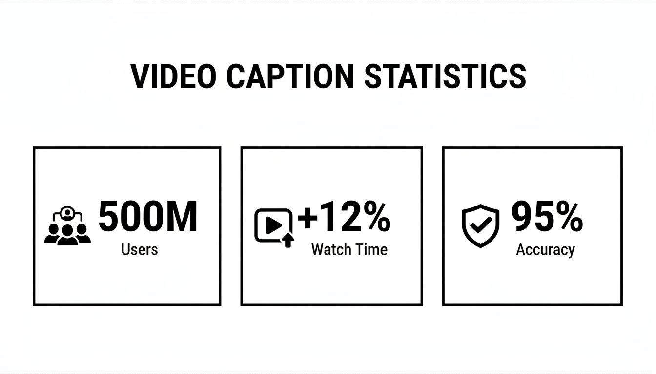 Infographic displaying video caption statistics: 500 million users, 12% watch time increase, and 95% accuracy.