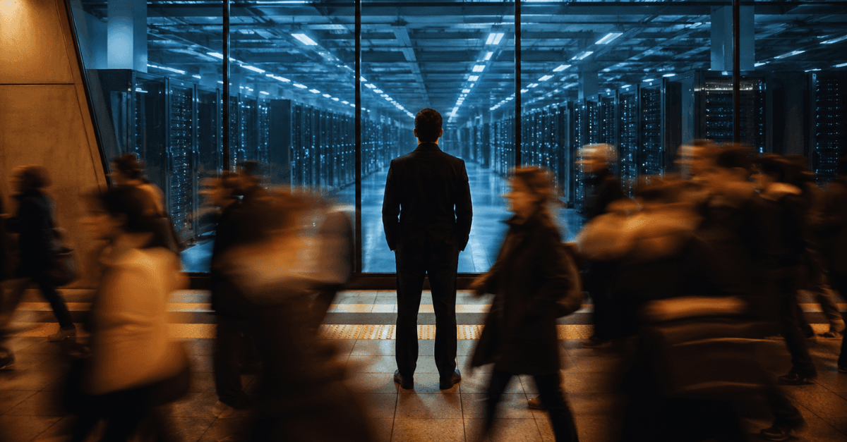 Homem de costas em data center com multidão — Superciclo de Hardware de IA, AI Weekly por Gabriel Zavelinski