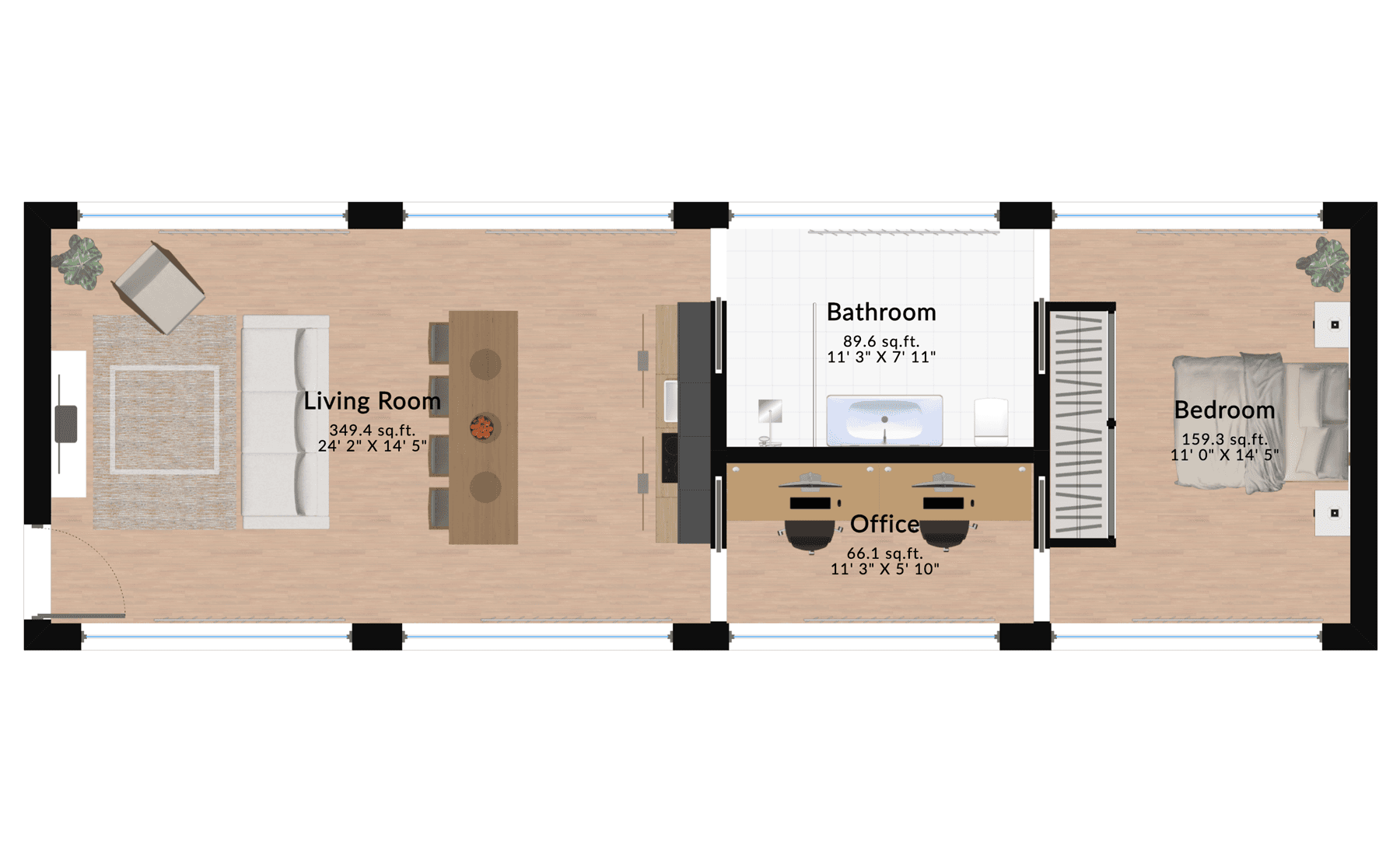 Furnished one-bedroom apartment floor plan featuring a spacious living room, bedroom, kitchen, bathroom, and a modern dining area designed for small spaces.