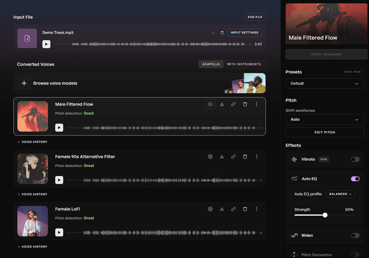 An image of the Kits AI voice changer studio experience with the voice changers selected and a vocal audio uploaded