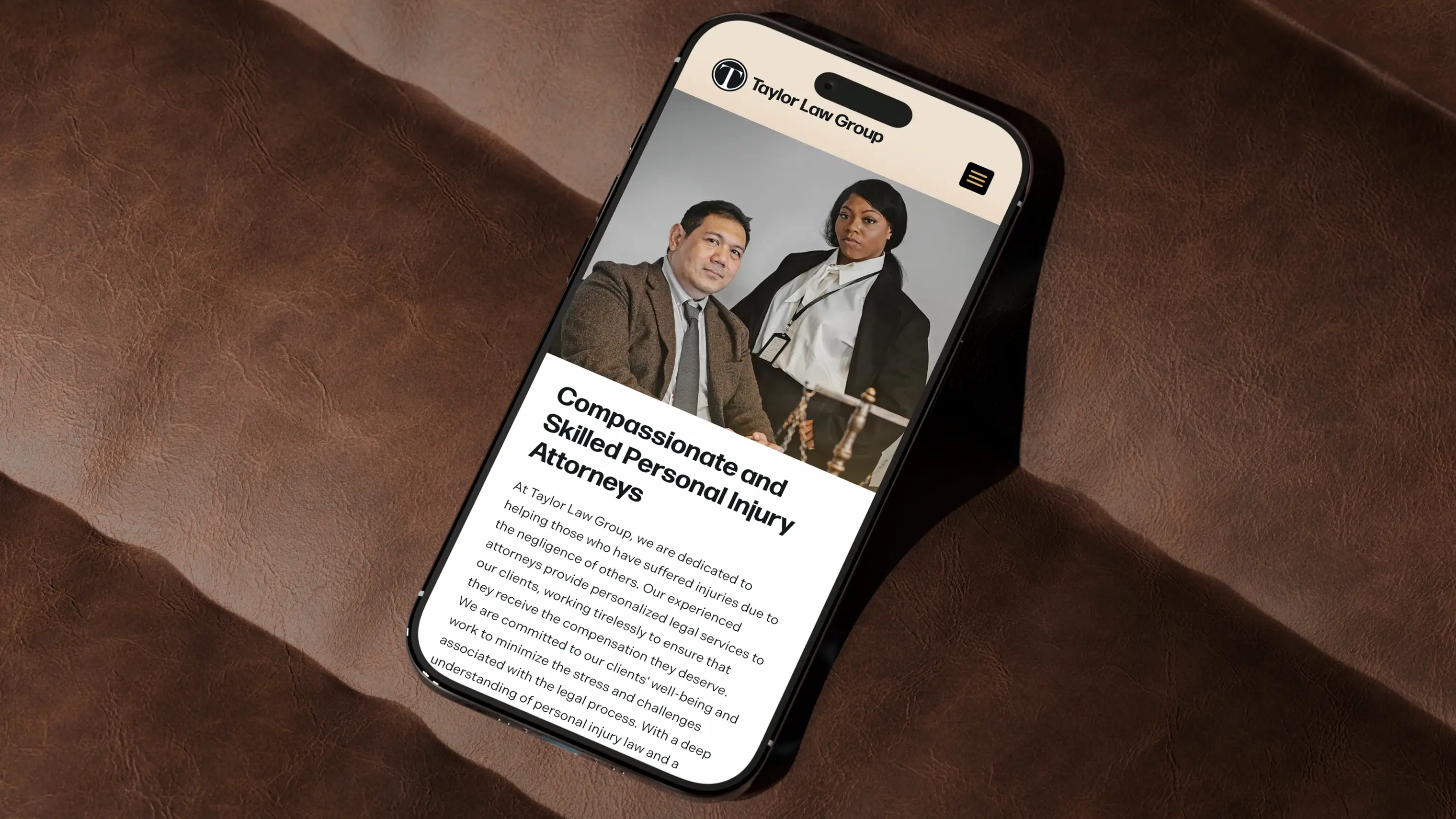 Mobile design for Taylor Law Group displayed on a smartphone — responsive layout showing attorney portrait and section headline