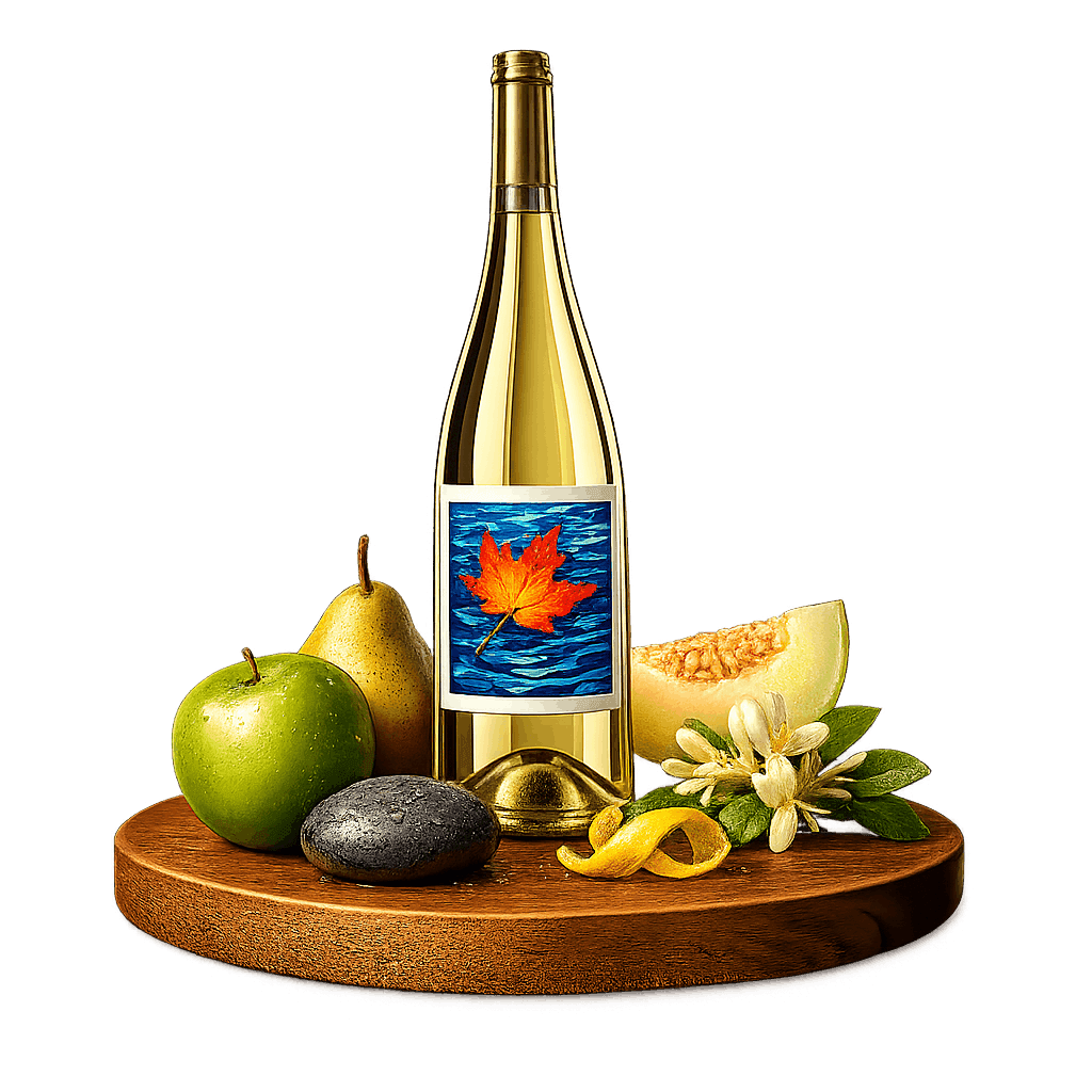 Artistic label and flavor profile for Canadian Pinot Gris on a rustic wooden table.