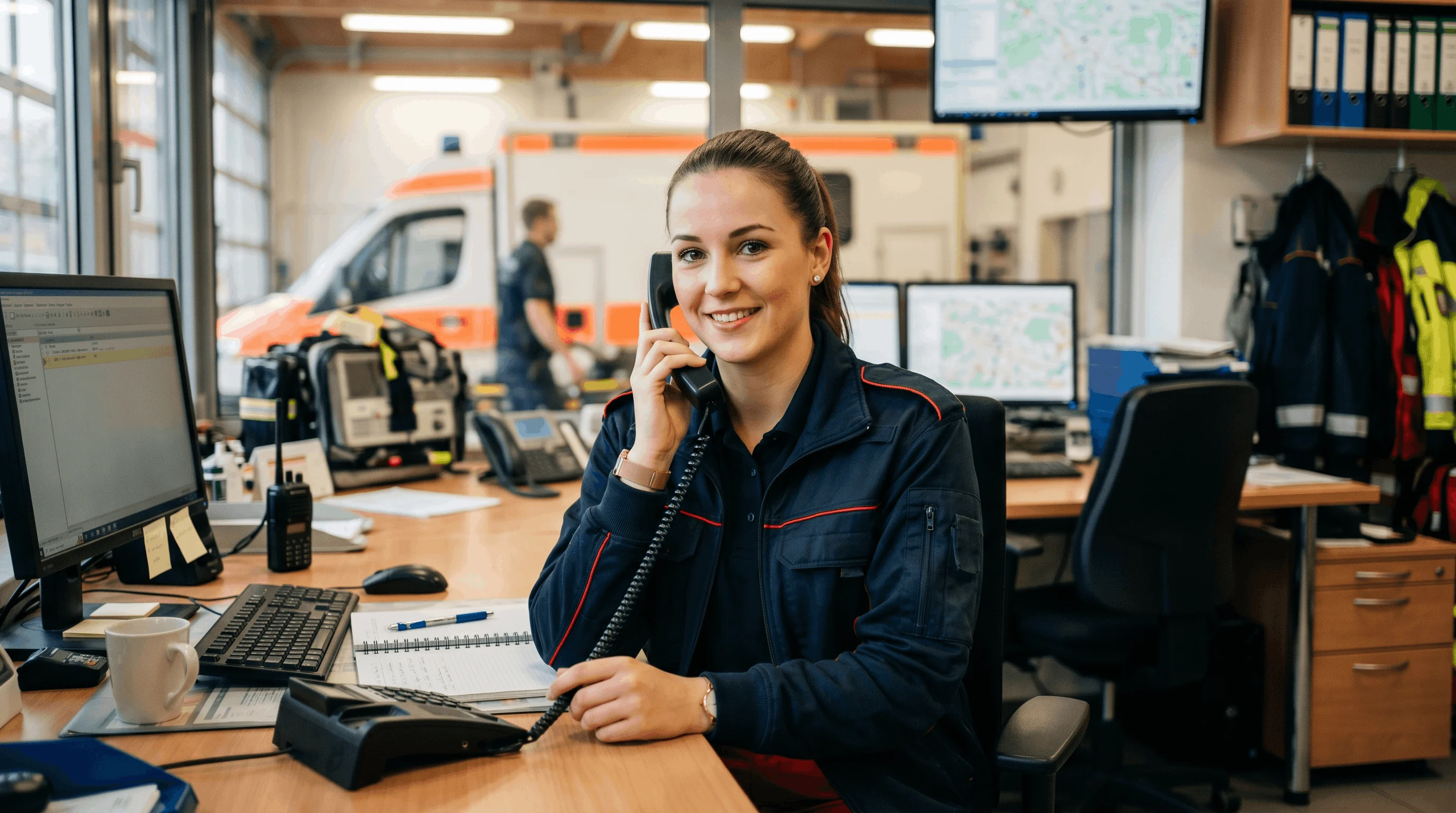 Rettungssanitäterin auf der Wache, die telefoniert