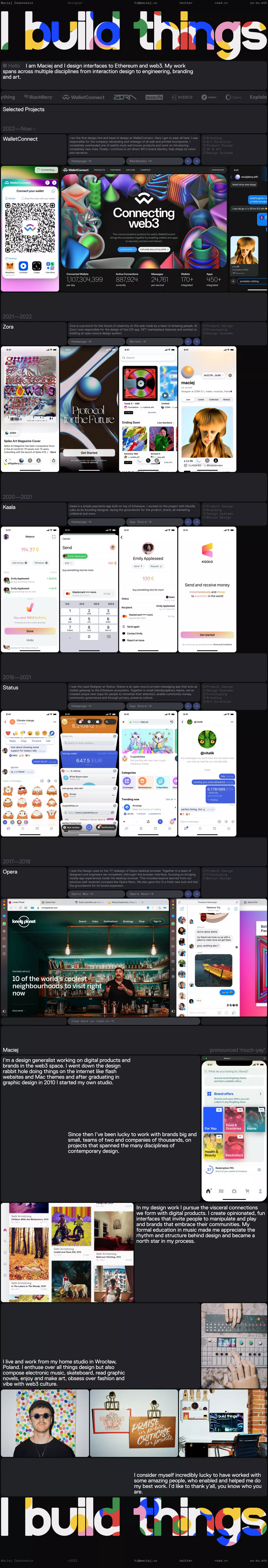 Maciej Zadykowicz, Designer portfolio page screenshot showcasing Design and Tech design