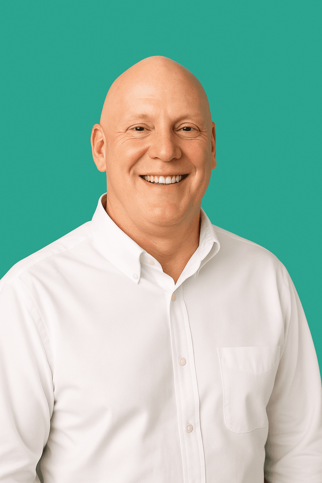 Middle aged bald man smiling