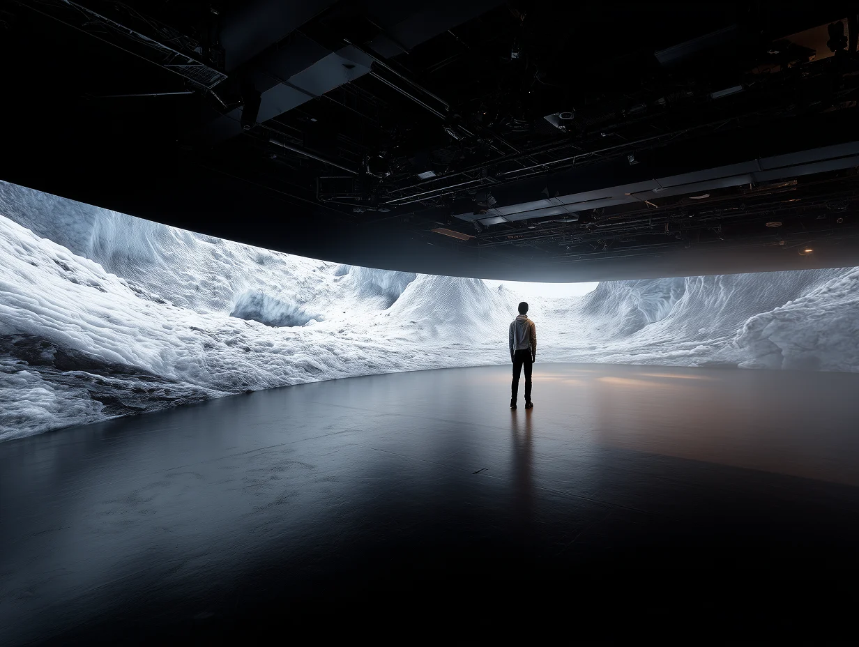 Person standing in a digital wide snowy landscape