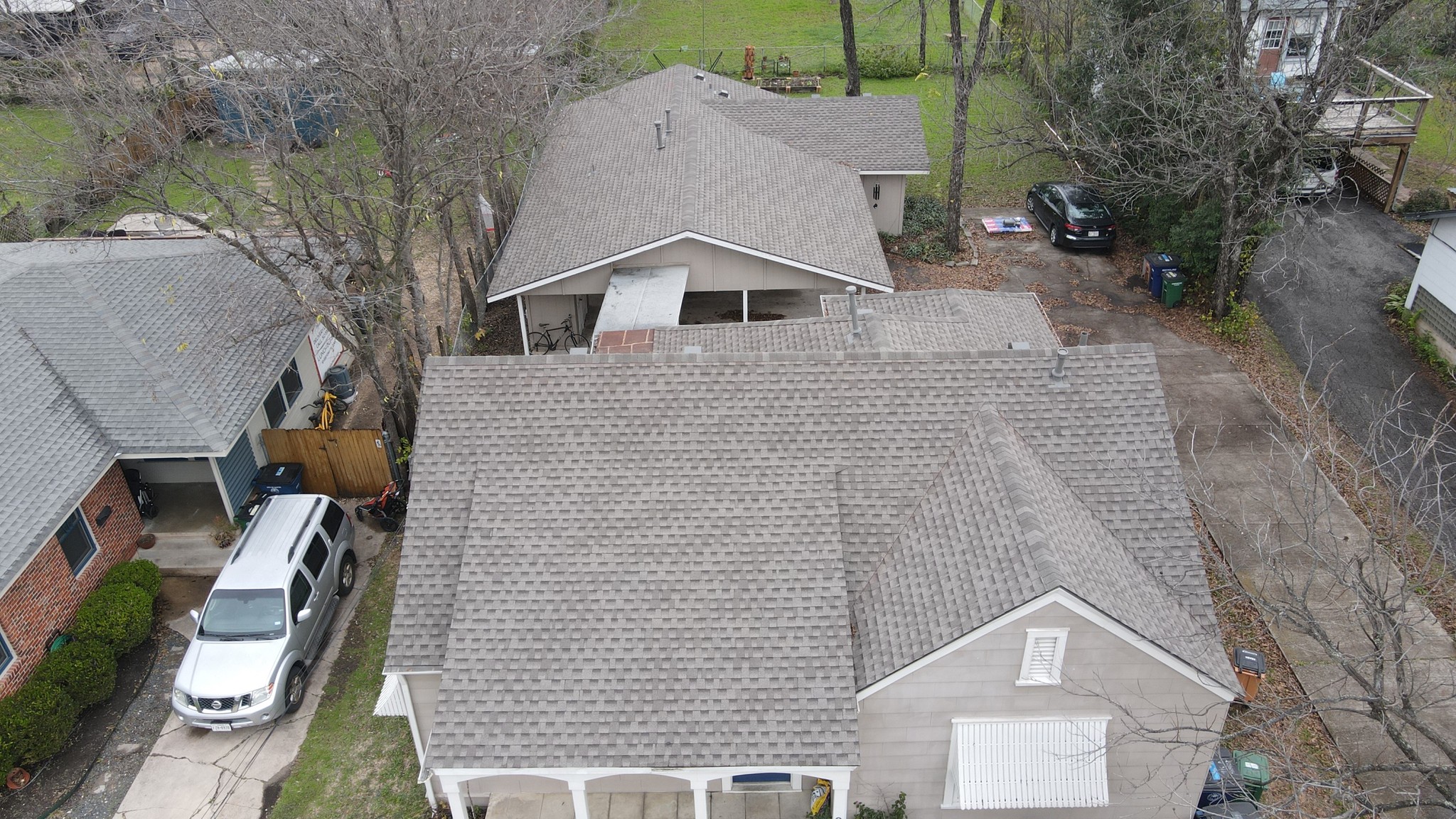 Beautiful gable roof with some low-slope areas, featuring GAF HDZ Timberline architectural shingles, offering a durable and stylish design.