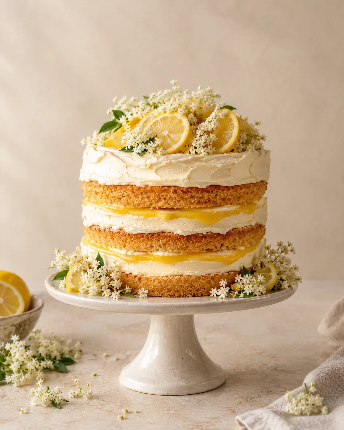 Lemon & Elderflower cake with lemon curd layers and elderflowers