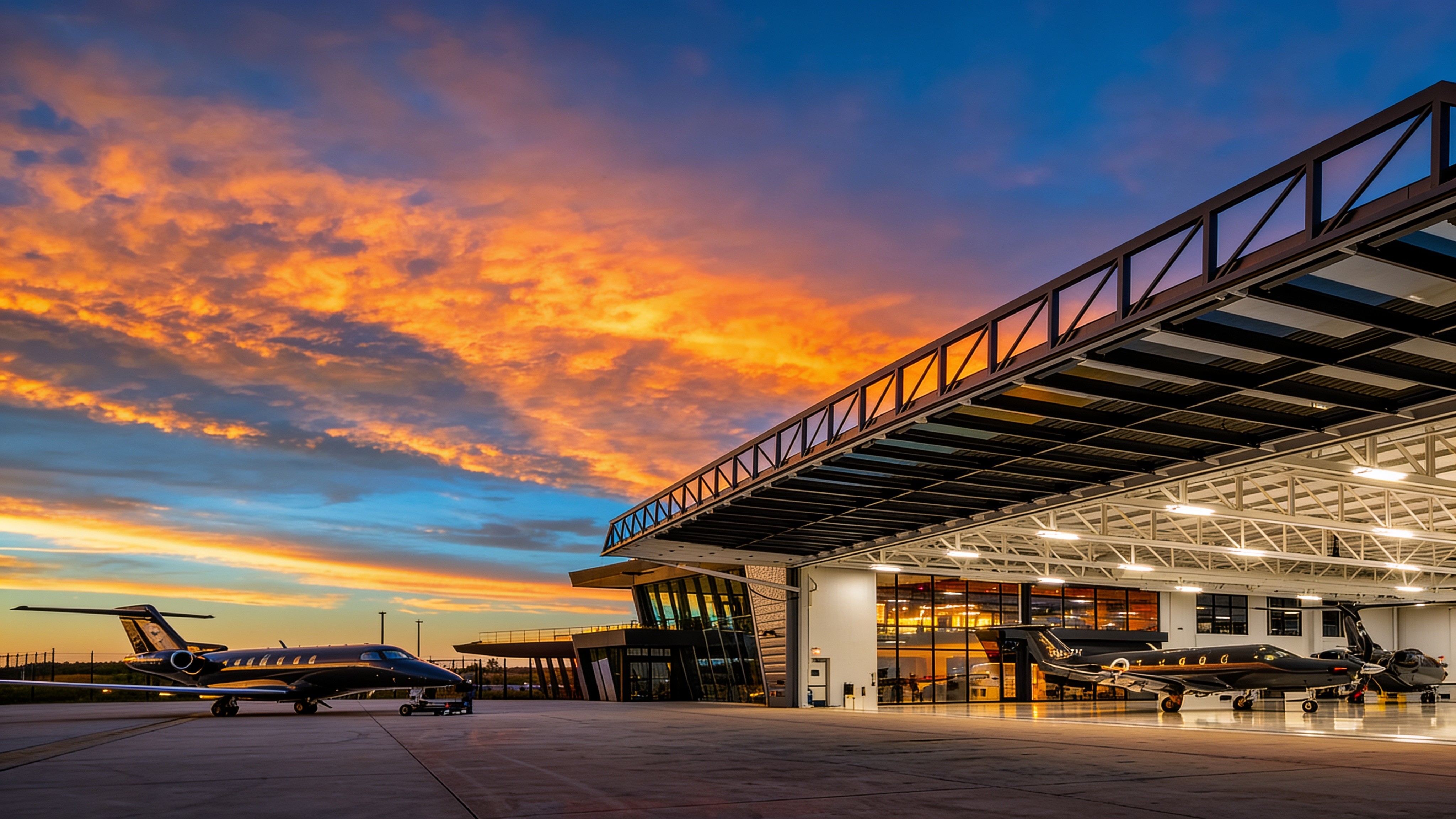 Aircraft parked outside a glass-front hangar with an open PowerLift door