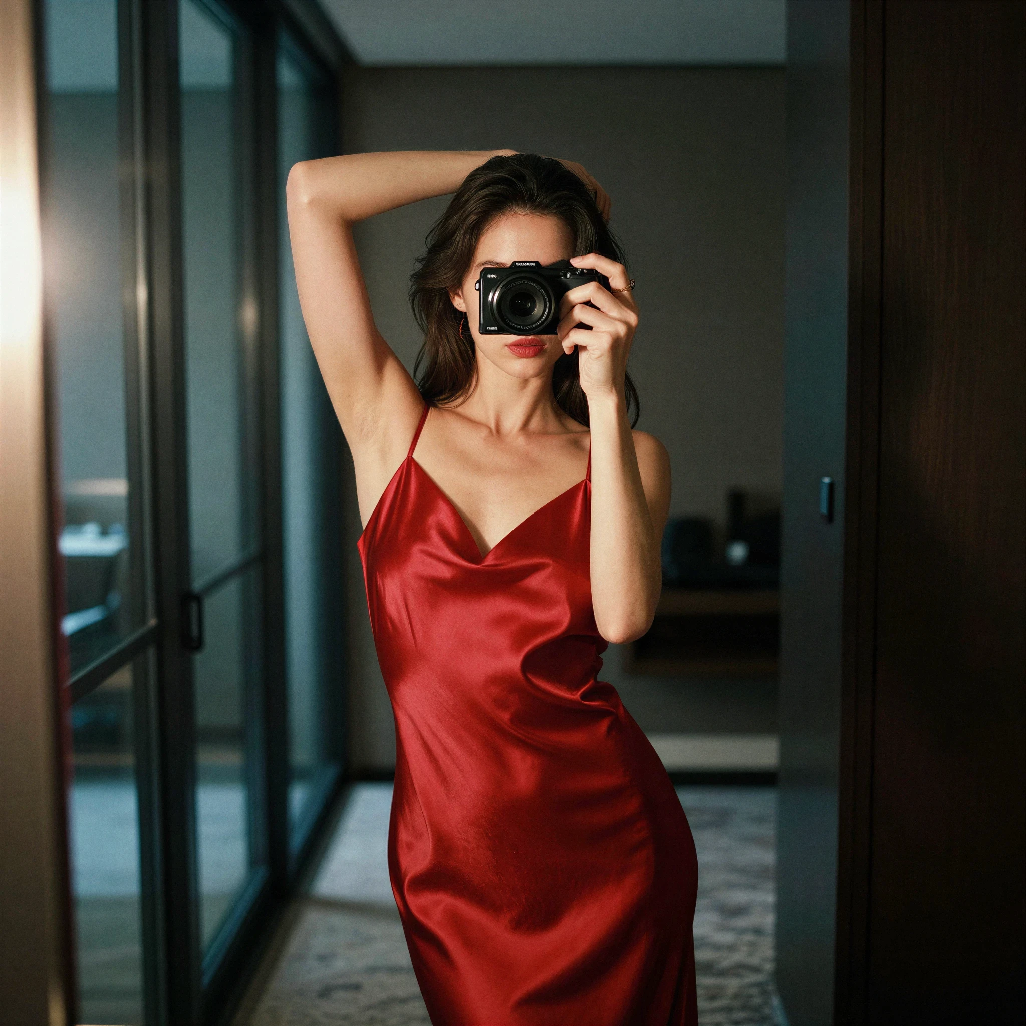 Woman in a red satin slip dress taking a mirror selfie indoors.