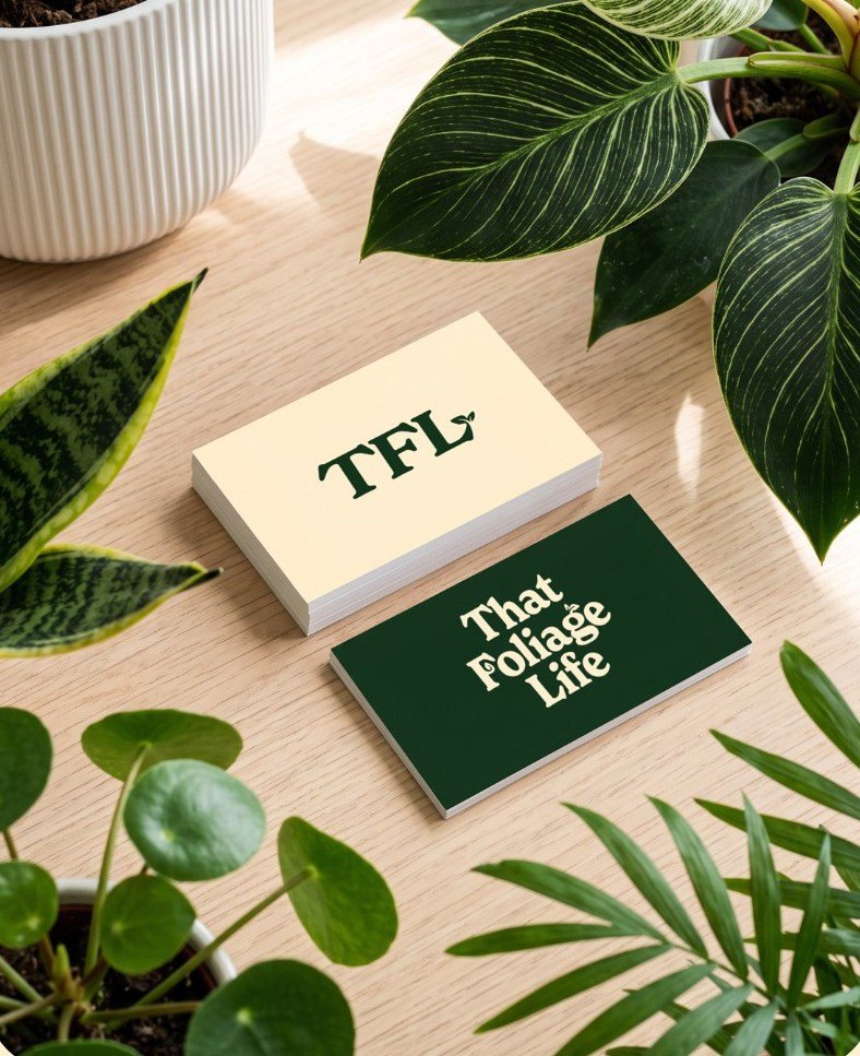 Mockup of That Foliage Life business cards in Oat and Forest
