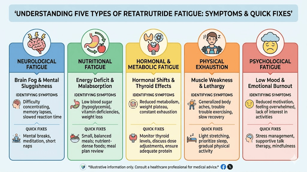 Five types of retatrutide fatigue identification chart with symptoms and solutions