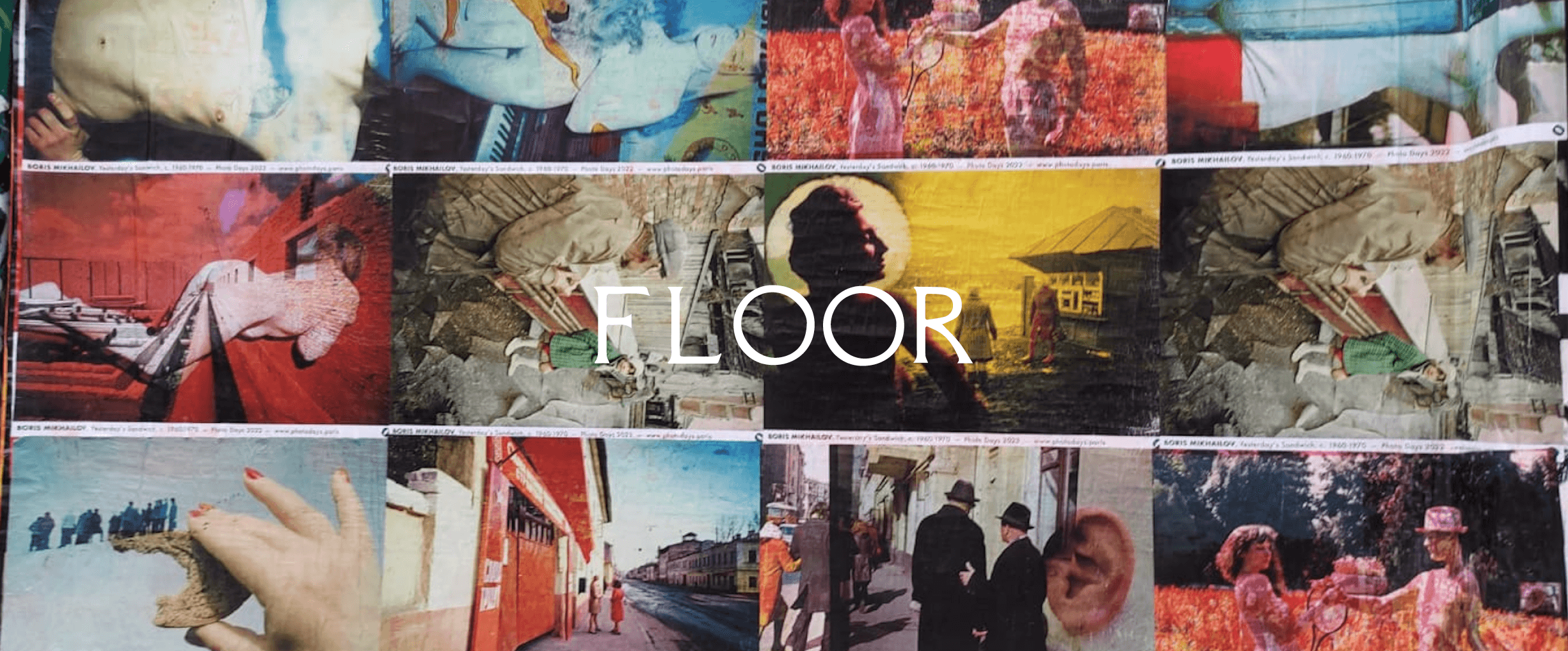 Collage de photos artistiques avec le mot 'FLOOR' écrit en blanc au centre