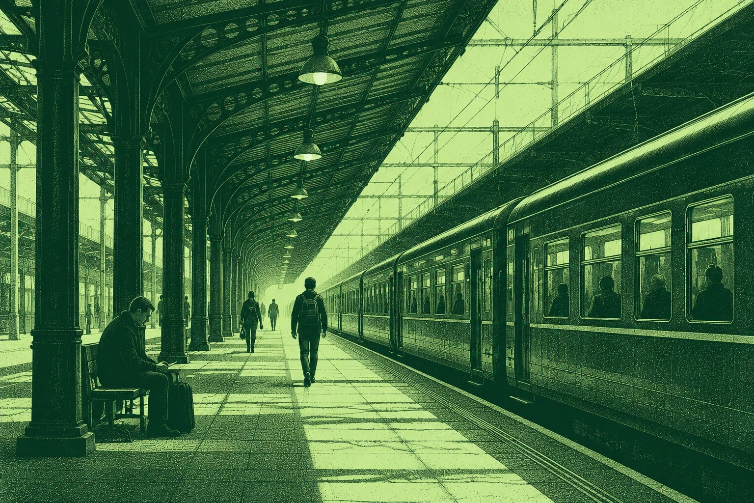 Travelers on a railway platform beneath a steel canopy beside a waiting train, in green stipple.