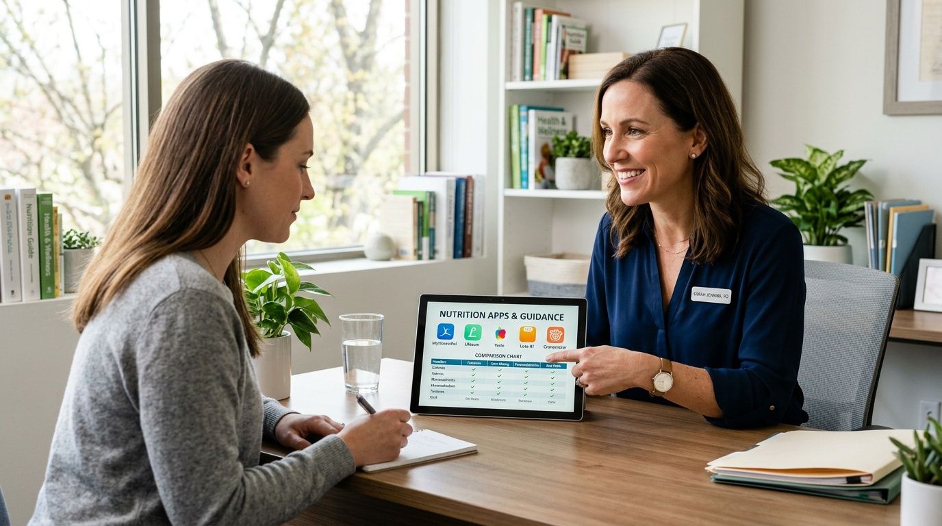 A nutritionist explaining a digital nutrition app comparison chart to a client in a professional office.