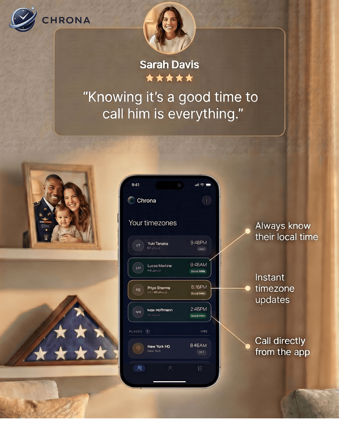 Chrona app showing contacts’ local times, communication availability, and family-focused timezone coordination.