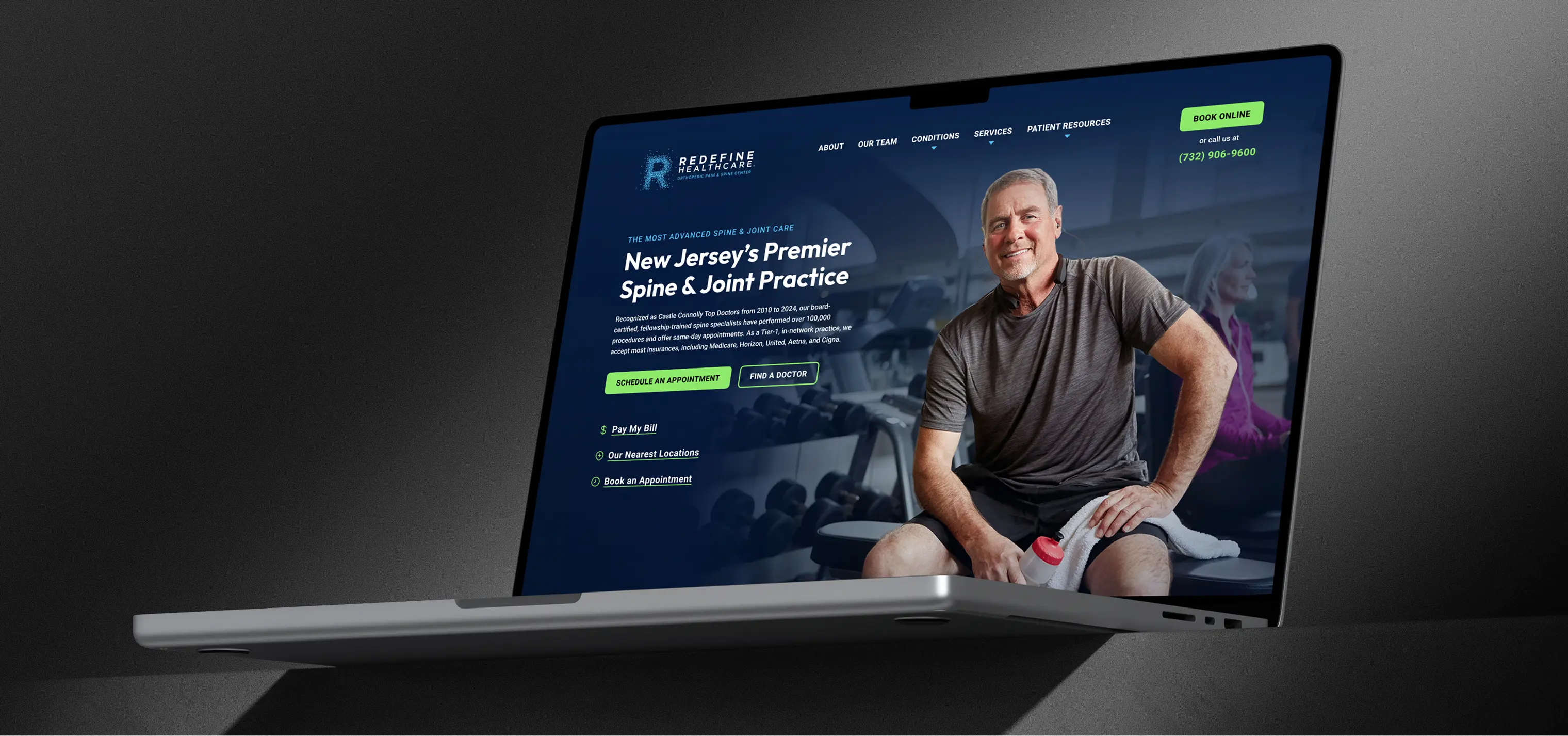 Website design for Redefine Healthcare displayed on a laptop — clean layout featuring a practitioner portrait