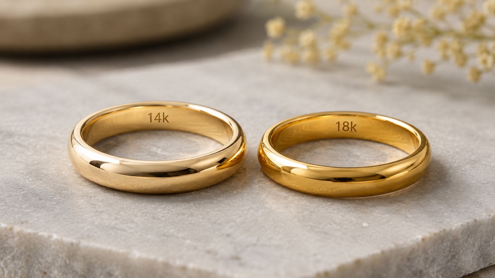 Two polished yellow gold wedding bands resting on a light stone surface, one engraved 14k and one 18k.