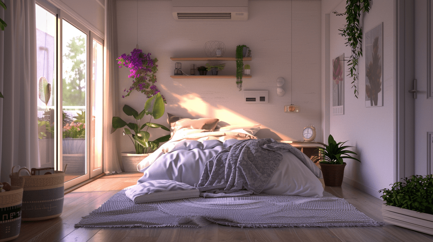 A serene bedroom with purple tones, a minimalist bed, wooden nightstands, and soft natural lighting.