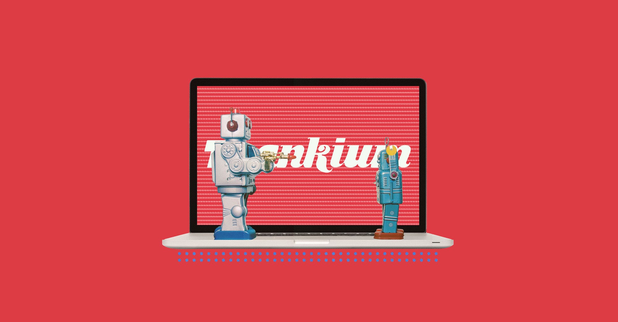 Robots retro frente a una pantalla de laptop thankium roja con texto de gratitud.