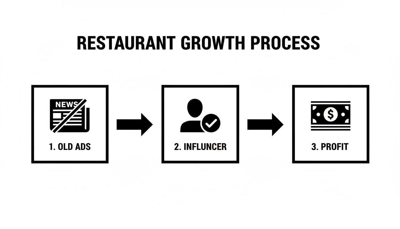 A diagram showing a restaurant growth process: from old ads to influencer marketing, leading to profit.
