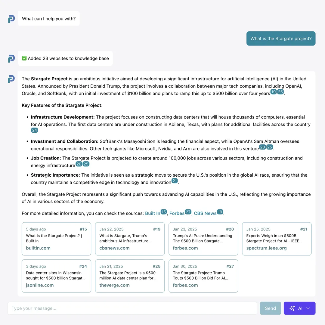 Captura de tela mostrando a pesquisa de IA por fontes para posts no LinkedIn