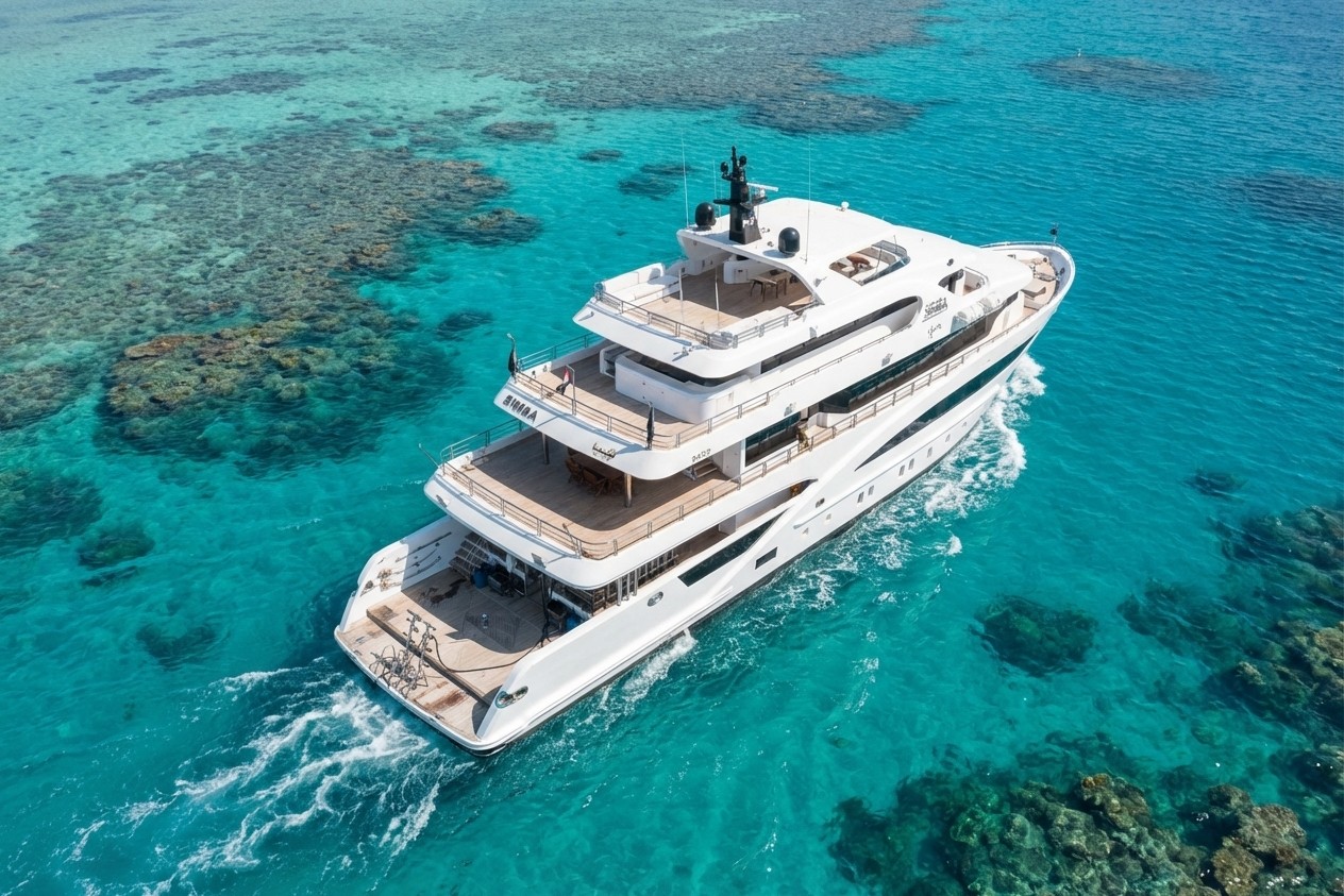 Imperial yacht sailing in the Red Sea, aerial view