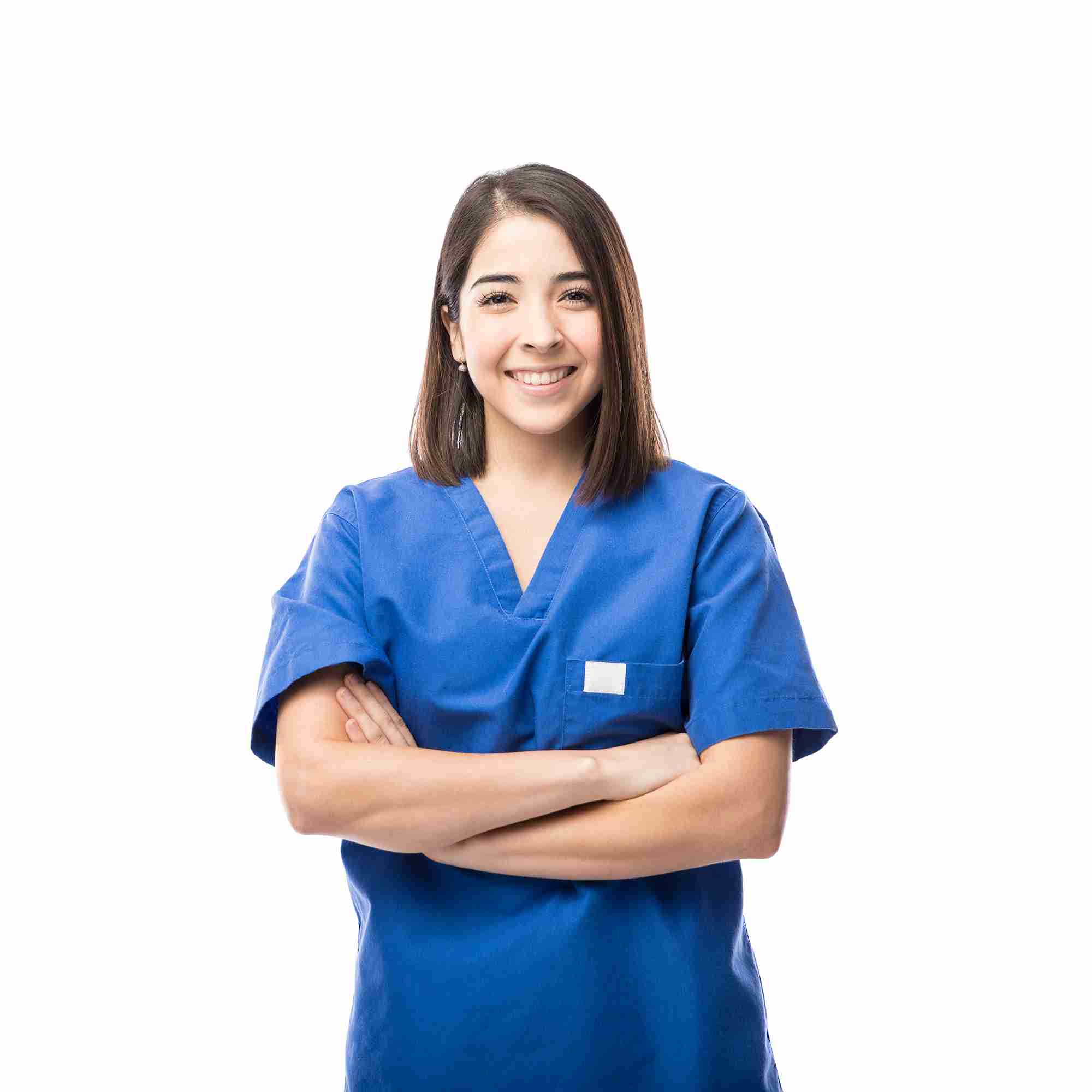 Confident ear care practitioner in blue scrubs, ready to help with your hearing health