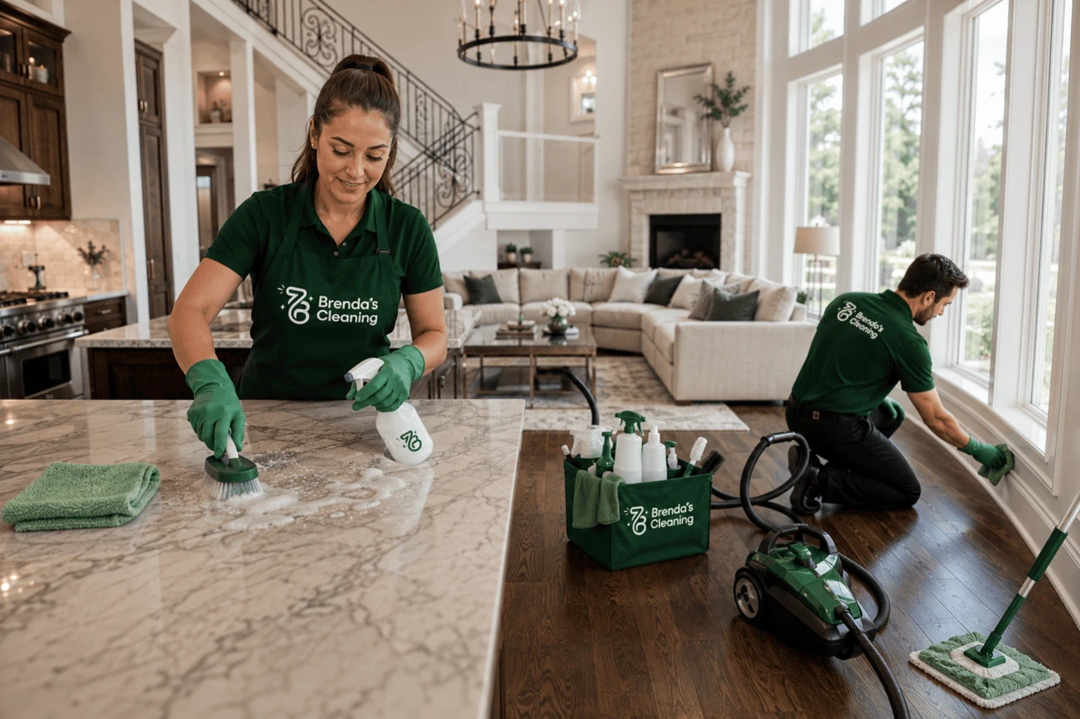 A green yard sign prominently displaying the white logo for Brenda's Cleaning placed in a manicured green grass lawn in front of a suburban home. In the background, a company-branded dark green crossover SUV service vehicle featuring the Brenda's Cleaning logo is parked on the street. The bright neighborhood setting features a two-story traditional residential house with white siding, black shutters, a welcoming front porch, and mature trees, highlighting dependable local residential maid services, professional home housekeeping, and reliable recurring cleaning services across Keller and Southlake, Texas.