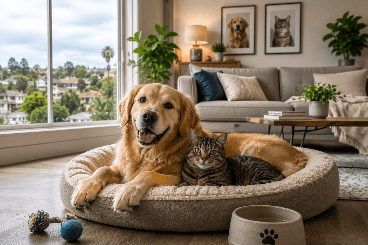 Golden retriever dog and tabby cat resting together at home