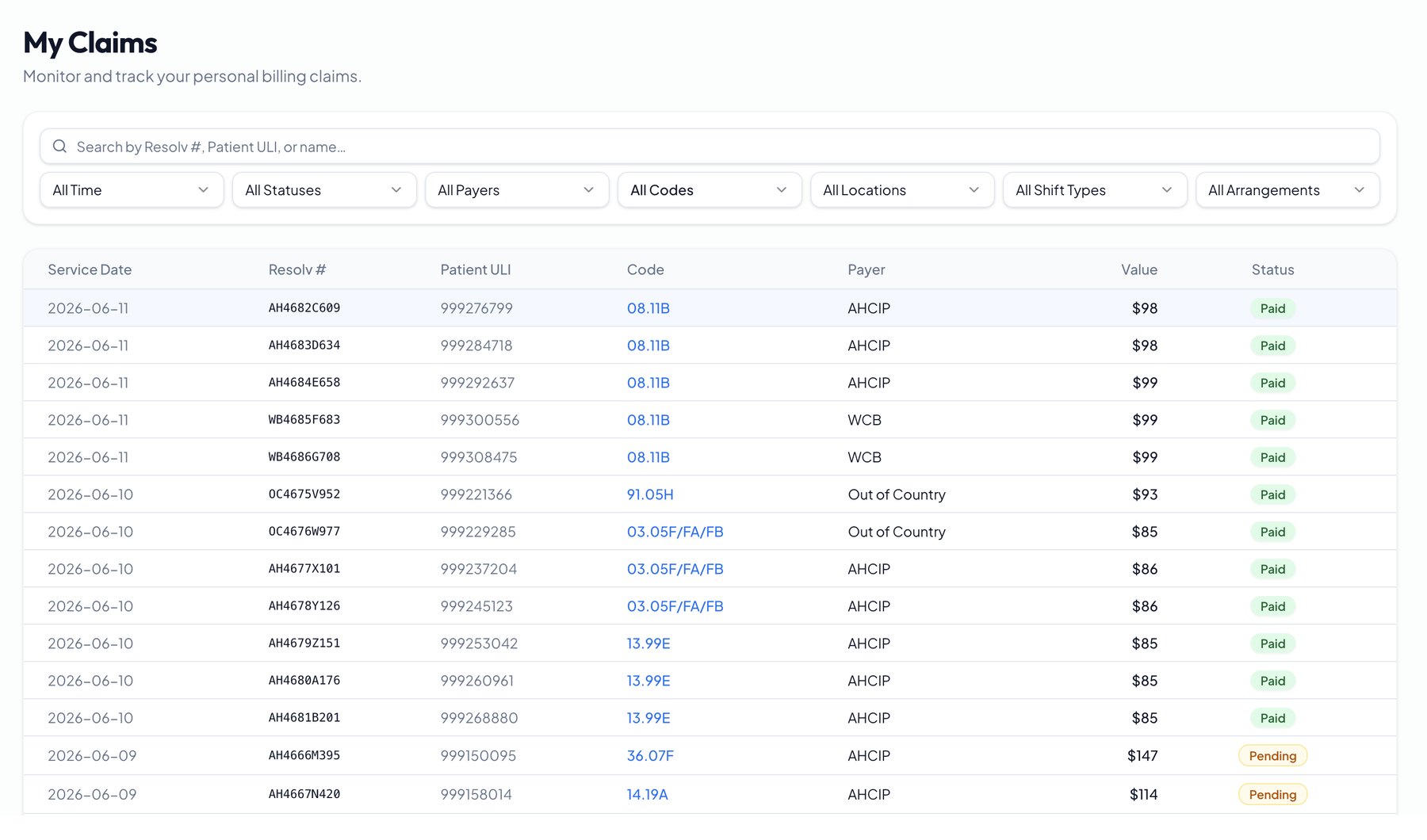 Claim tracking in the MyBilling portal