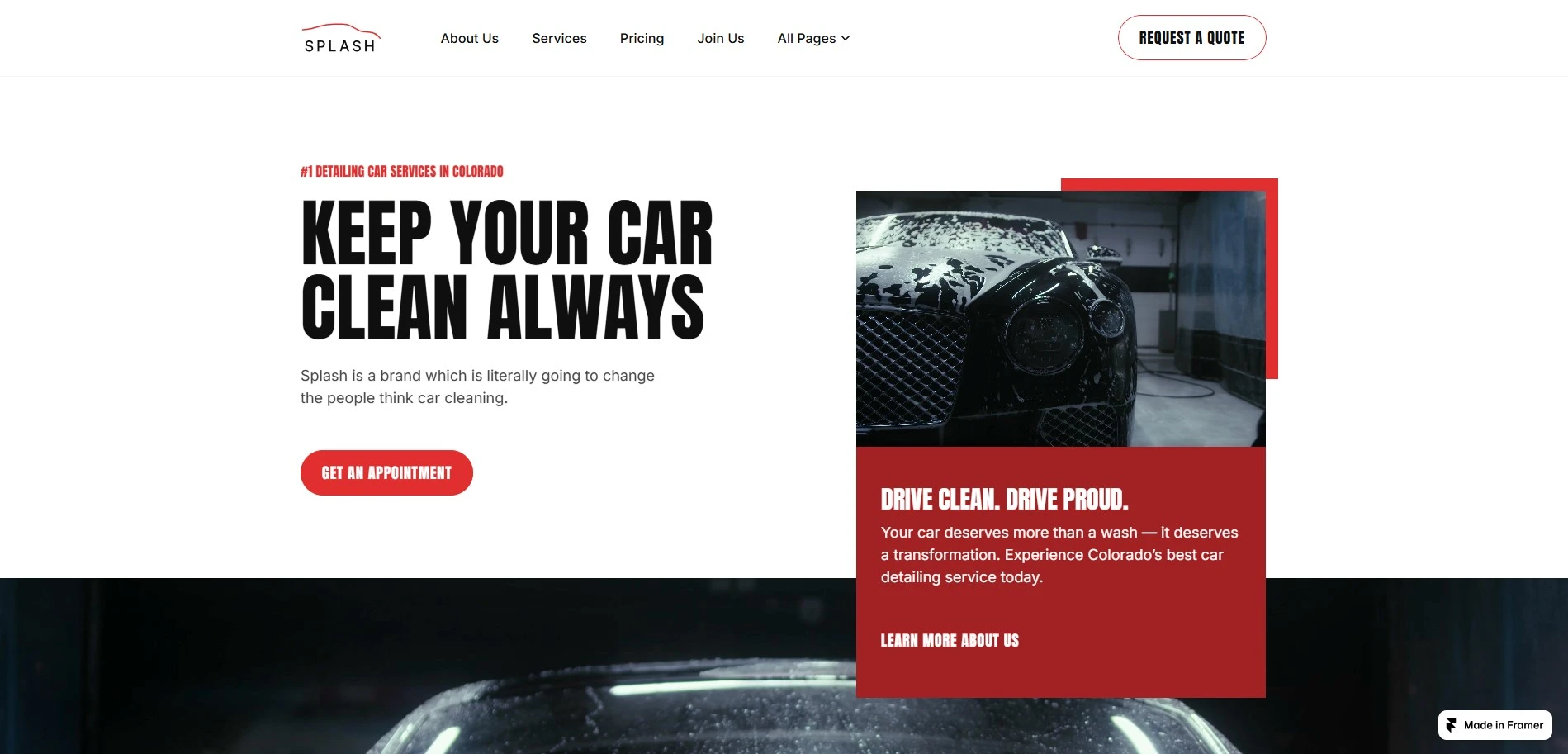 Splash clean and minimal auto service Framer template for car repair website