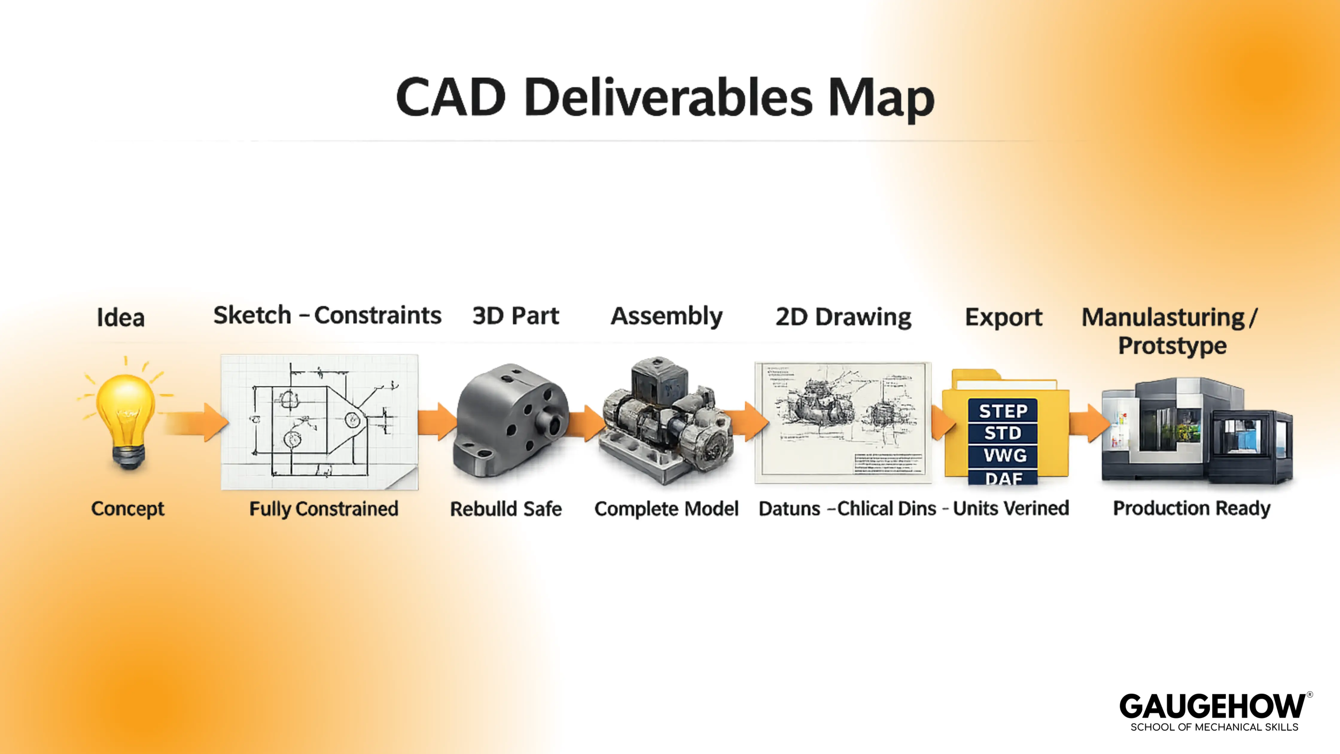CAD deliverables map from sketch to model, drawing, export, and manufacturing