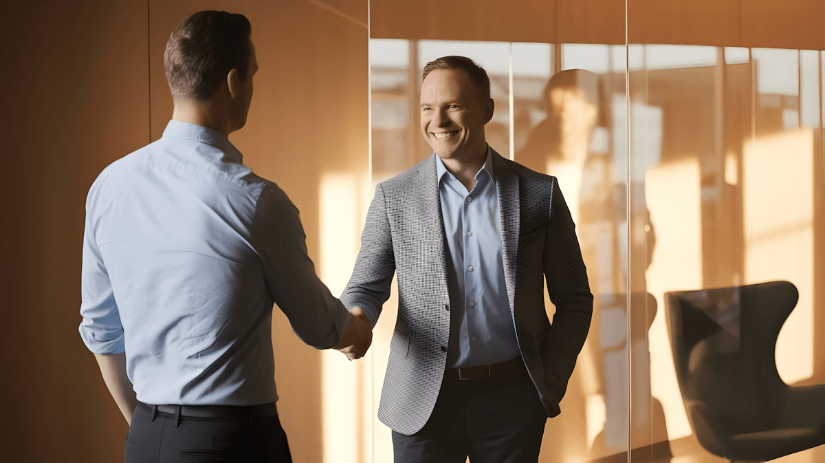 Two men in an office setting shake hands, smiling warmly. Sunlight streams in, casting reflections on a glass wall, creating a welcoming atmosphere.