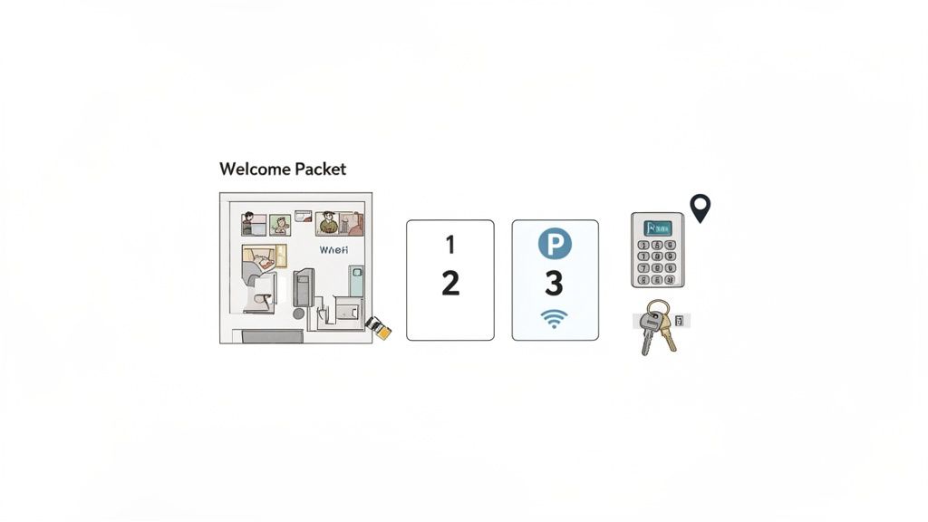 A client welcome packet with an apartment map, key cards, a keypad lock, and house keys.