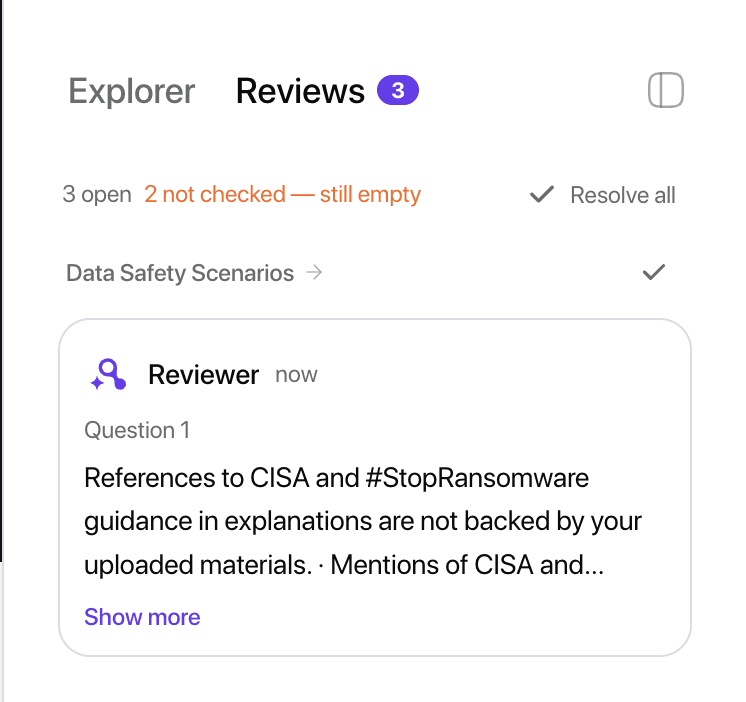 The same panel after a review, showing three open findings with one attached to Question 1 flagging claims not backed by the uploaded materials.