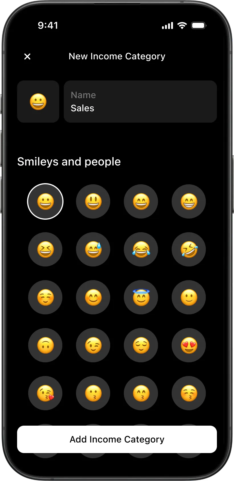 Custom income category creation screen in the Wudget budgeting app with emoji picker and category personalization.