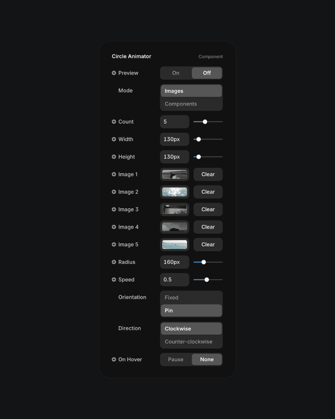 Circle Animator settings for customizing rotation, speed, and image layout